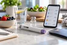 Generic weight-management injection pen beside a phone, wallet, healthy food and water