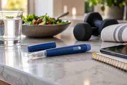 Generic injection pen with fitness and healthy-lifestyle items on a countertop